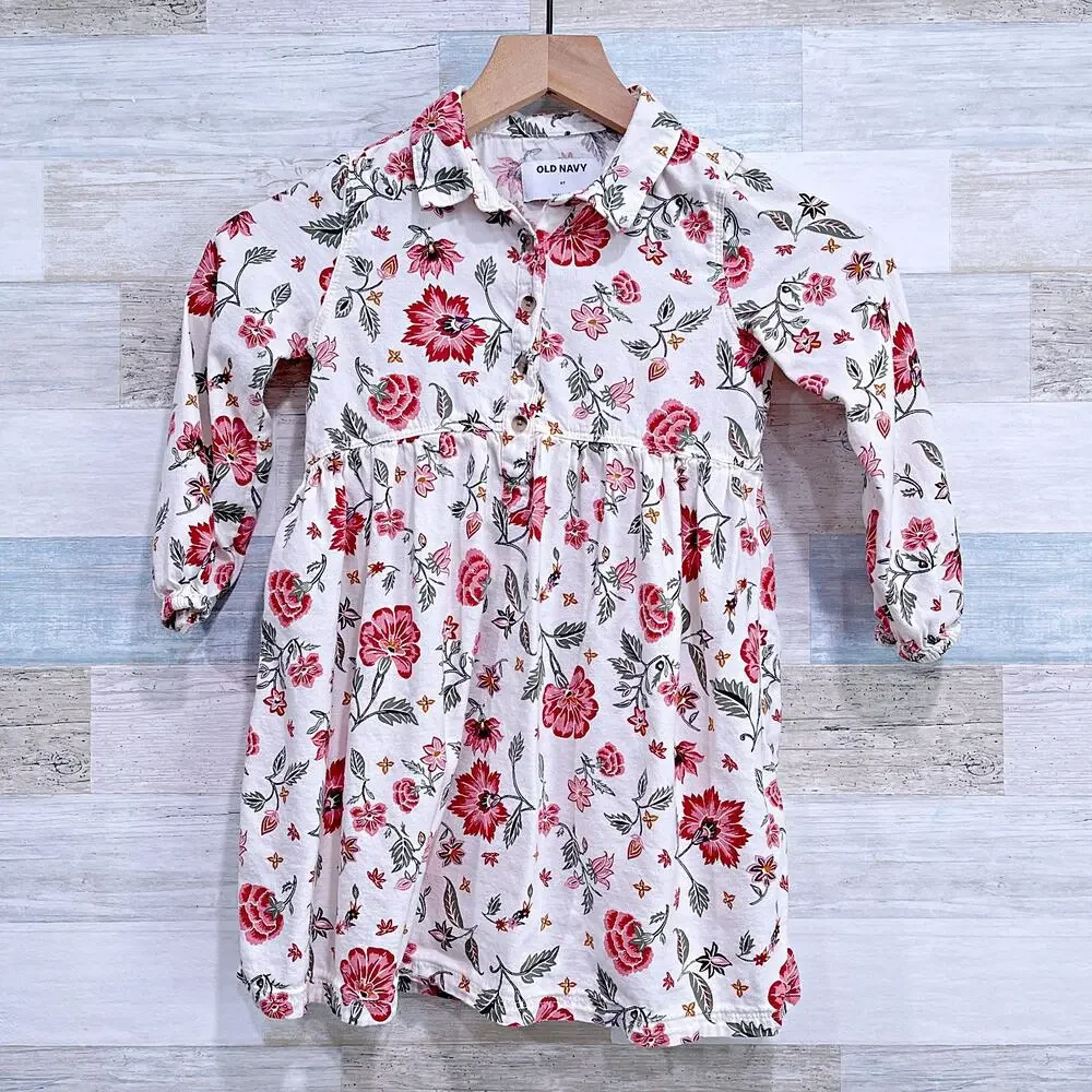 Old Navy Long Sleeve Floral Shirt Dress Cotton Blend Casual Toddler Girl 4T